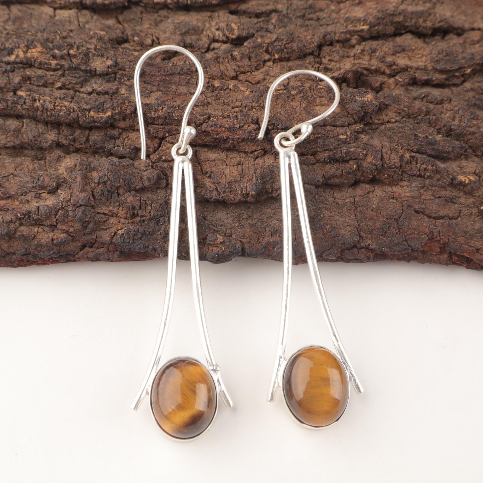 

Yellow Star Tiger Eye Stone Sterling Silver Dangle Sisters Gift Earrings Jewelry EE-136-31