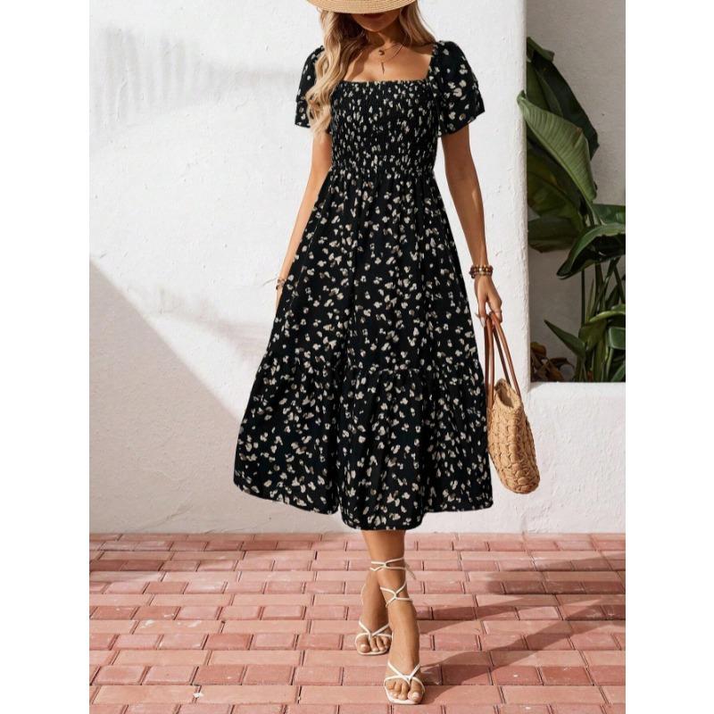 Mode Kurzarm Sommerkleid mit Blumendruck Sexy Rüschen Quadratischer Ausschnitt Elegant Plissiert A-Linie Partykleider Lässig Locker Slim Urlaubskleidung