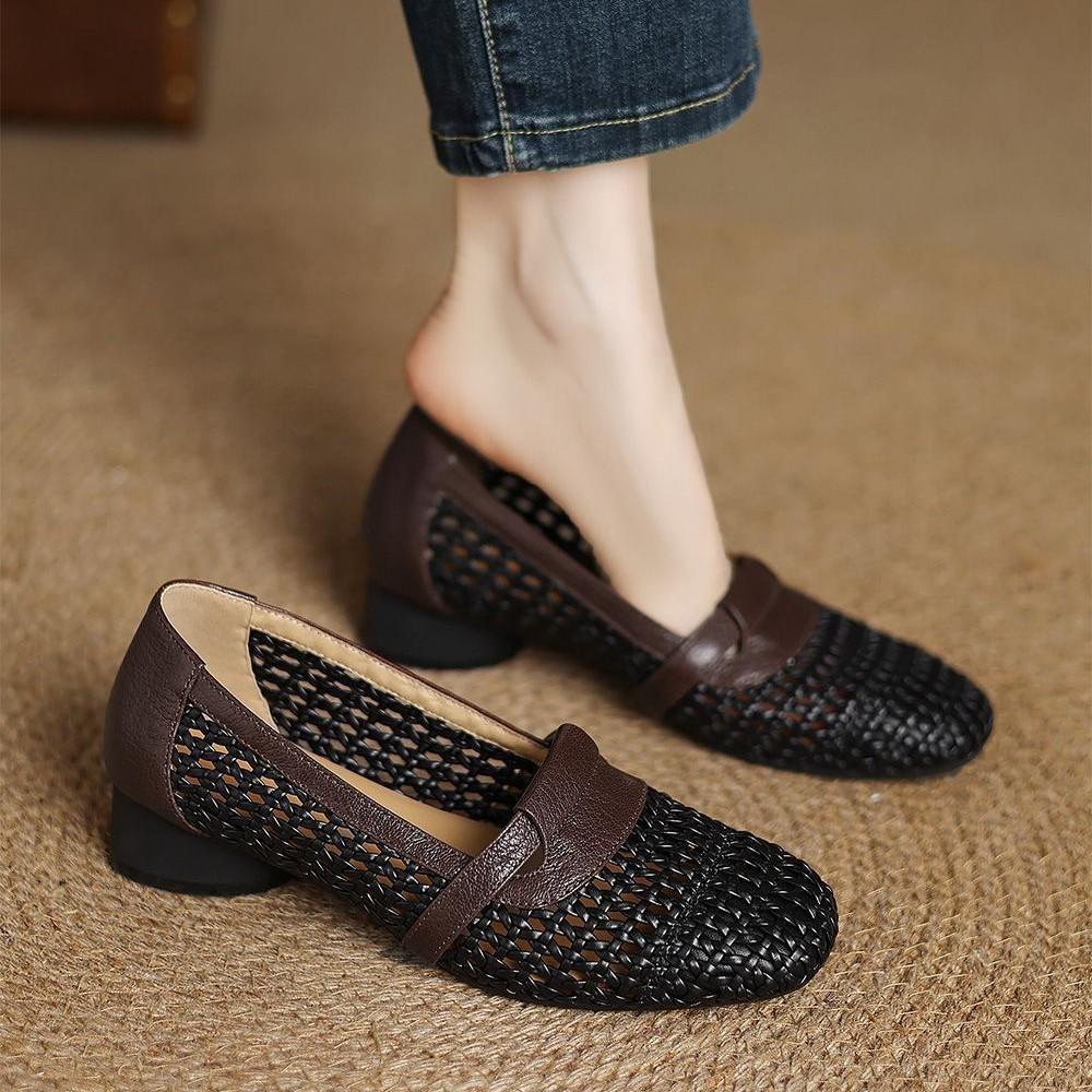 Square Head Versatile Hole Shoes Retro Hollow Weaving Spring and Summer New Daily Casual Breathable Single Shoes