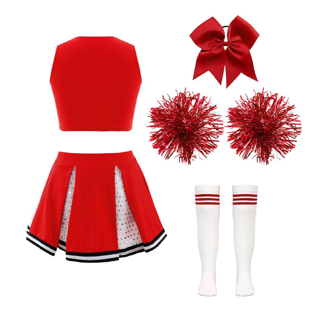 Set Cheerleading per Ragazze Paillettes Incrociato a Strisce Davanti Scollo a V Senza Maniche Crop Top Gonna Pieghettata Set di Accessori