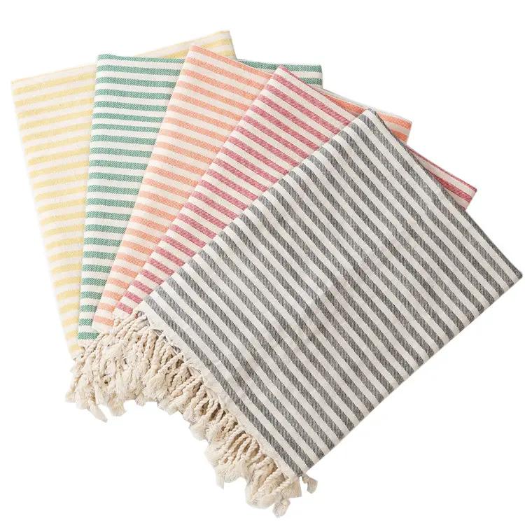 High Quality Custom Cotton Tassel Turkish Hammam Stripe Fouta Beach Towels Bag Printed Summer Use for Bath or Swim