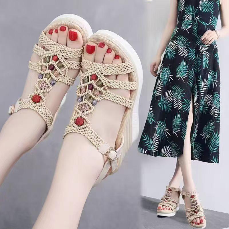 2025 Women's Wedges  Fashion Summer Shoes For  Bohemian Style Platform Sandals Genuine Leather