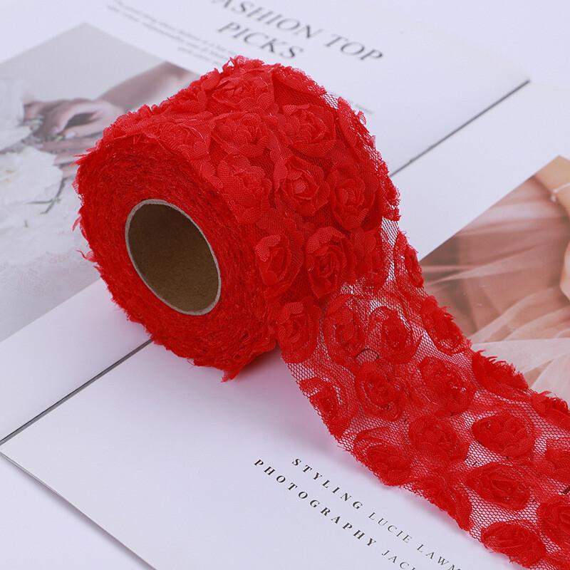 5Yards 3D Rose Flower Embroidered Lace Trim Ribbon Fabric DIY Clothing Accessorie Hand Sewn Wedding Headdress Bow