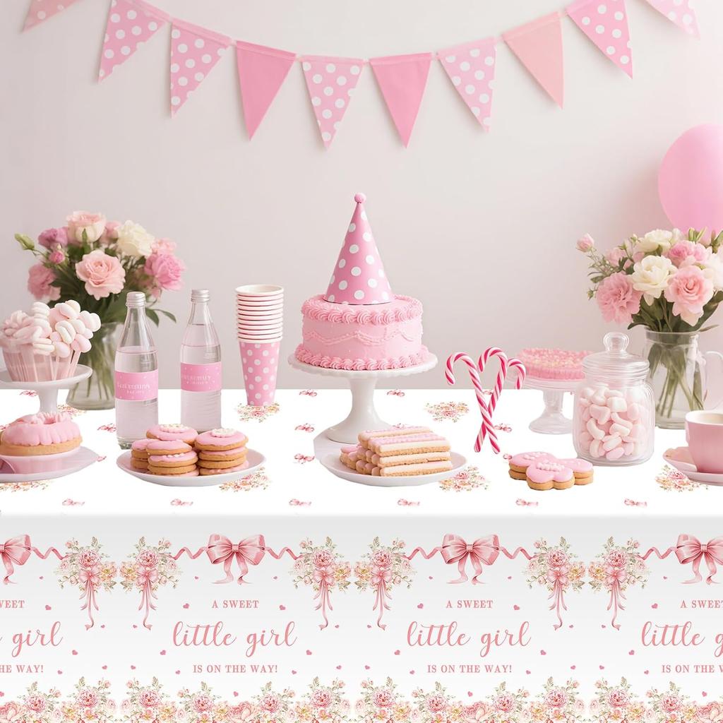 MEHOFOND 3 Pcs Pink Bow Baby Shower Table Cloth, Floral Coquette Sweet Girl Baby Shower Party Disposable Tablecloths Decorations, 108 x 54 Inch