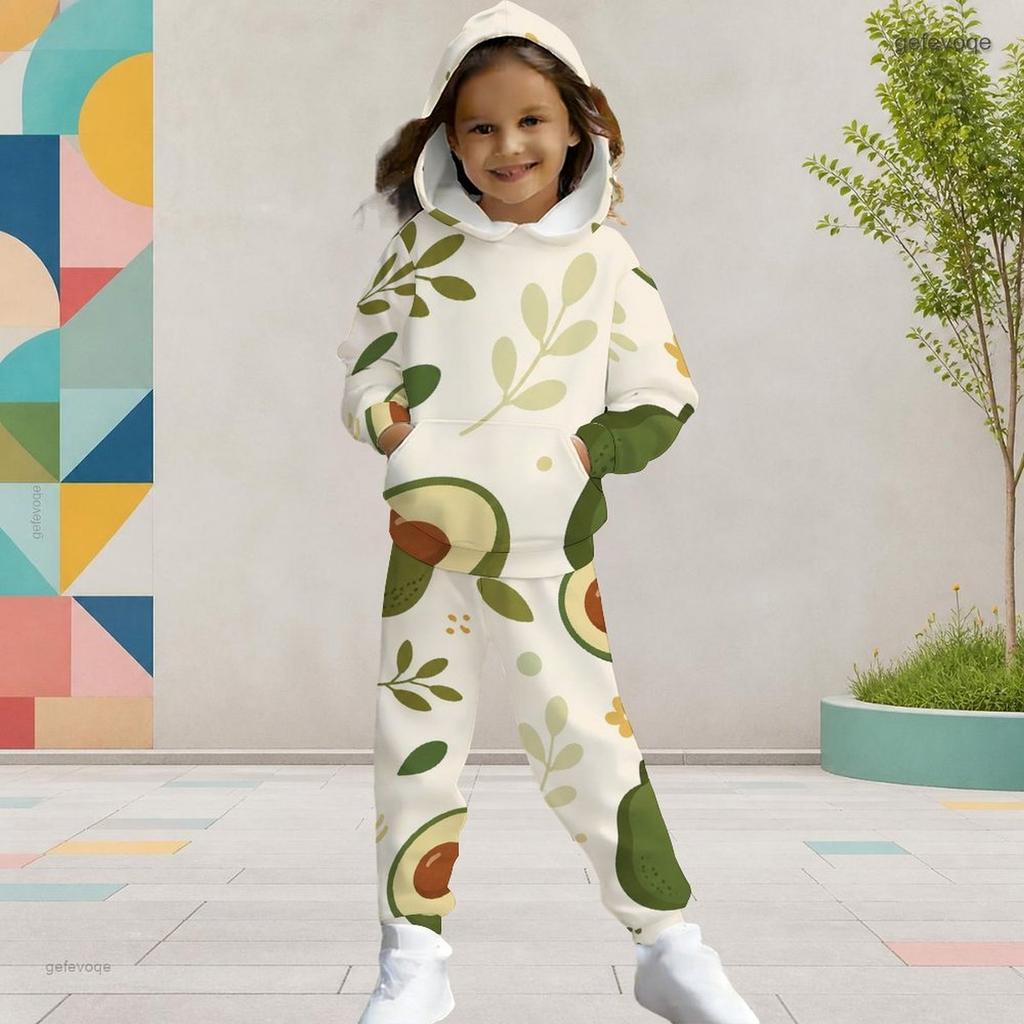 Girls Hooded Long Sleeve Fruit Leaf Printed Tracksuit Kangaroo Pocket Cuffed Pants Two Piece Set