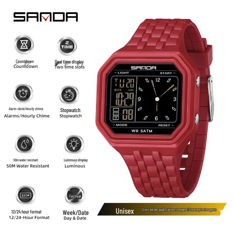 Sanda Creative Square Multifunctional Dual Display Student Watch - Countdown, Alarm, Waterproof, Trendy Electronic Timepiece.