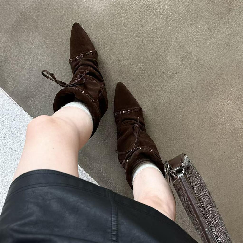 Cowhide version~ retro pleated pointed pile short boots women's 2025 new Maillard western cowboy boots Martin boots