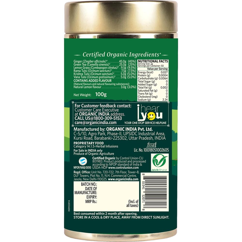Organic India Tulsi Green Tea Lemon Ginger 100 g Tin Relaxing Herbal Tea Blend for Stress Relief