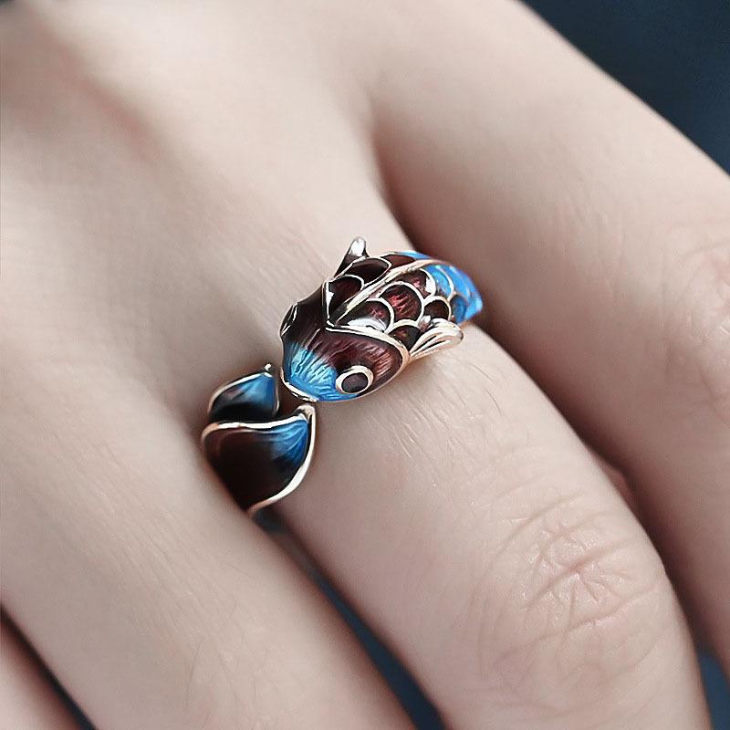 Enamel Color Koi Fish Adjustable Ring Chinese Classical Niche Design Elegant Charm Ladies  Jewelry Party Gift