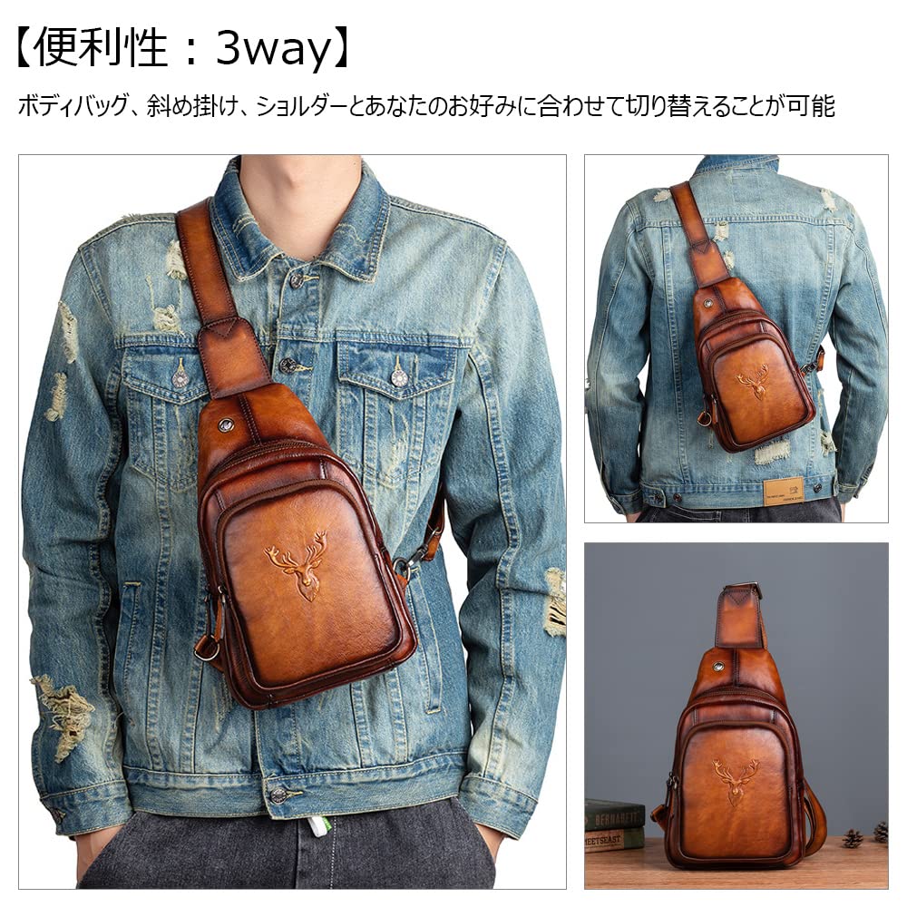 Whatna Tanned Natural Cowhide Leather Crossbody Bag for Genuine Thick Leather with Earphone 13541 Antique-Style Bag, One-Shoulder Men, Hole, (Black)