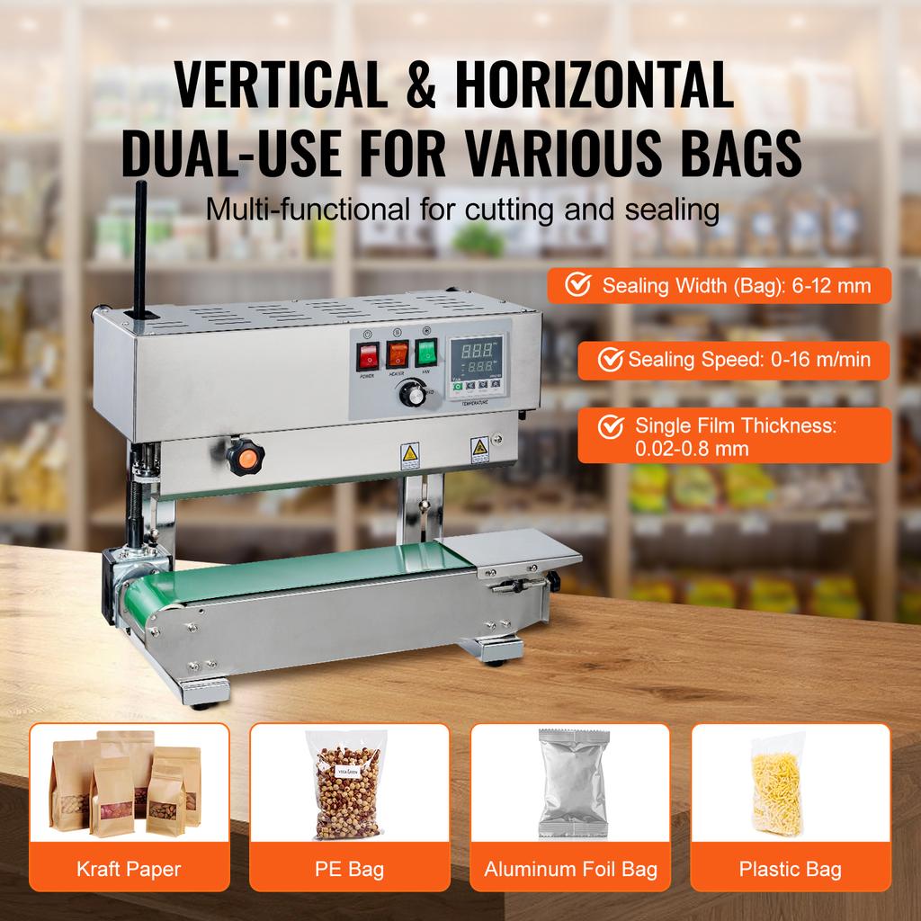 SucceBuy Continuous Bag Band Sealing Machine Vertical Sealer with Digital Temperature Control for 0.02-0.8 mm Plastic Bags Films