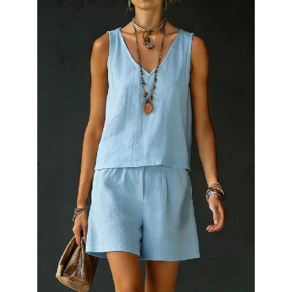 Summer Women Solid 2 Piece Set Casual Sleeveless Linen Cotton Top Vest Shorts Suit Outfit