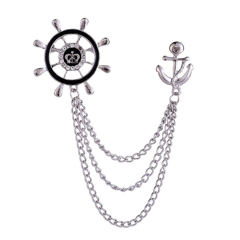 1PCS Rudder Anchor Brooches Luxulry Fashion Men Tassel Chain Zircon Suit Shirt Badge Brooches Jewelry Accessories Gifts