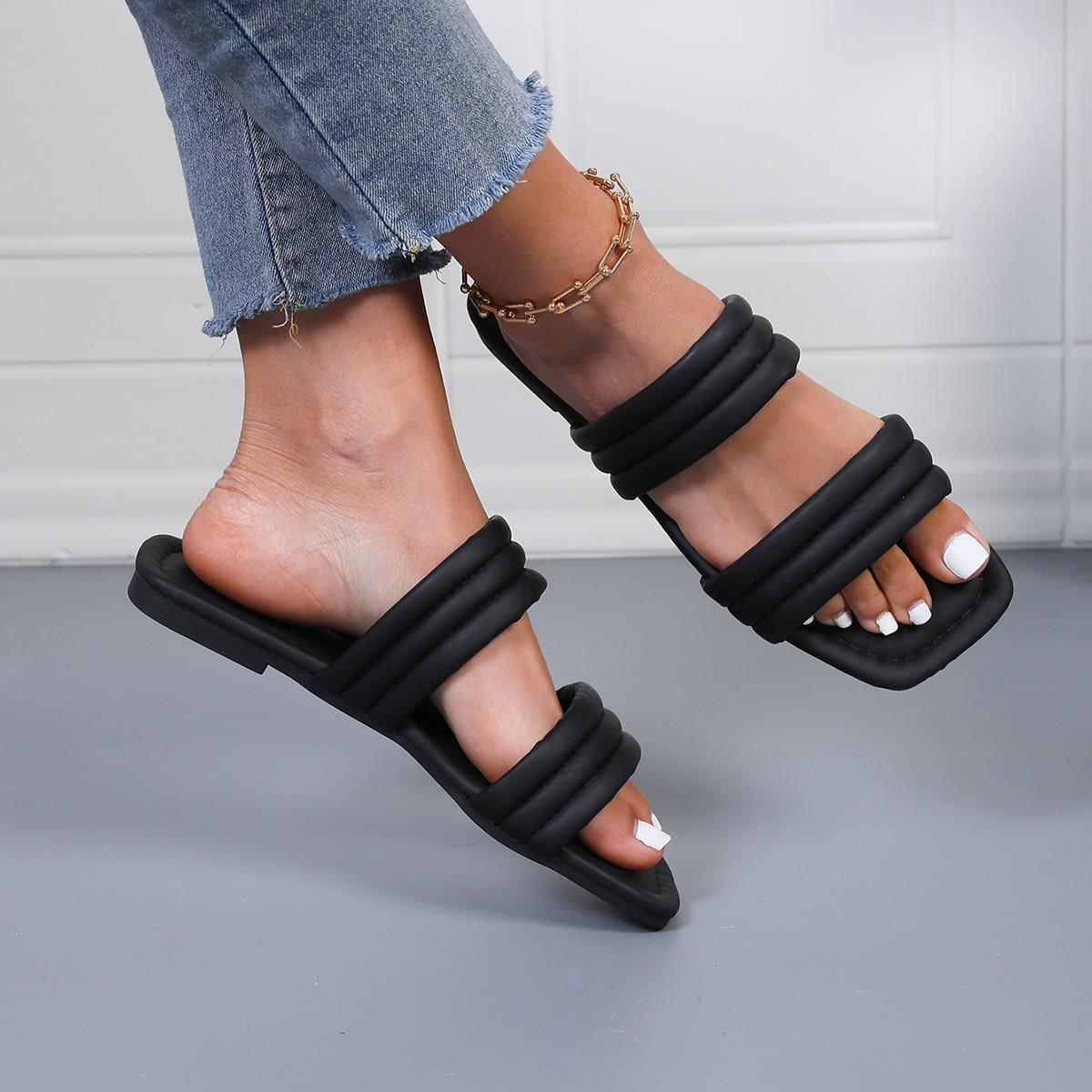 

Ветер большой размер однотонный летний 2025 новый квадратный носок модные односложные женские тапочки на платформе 43 чёрный