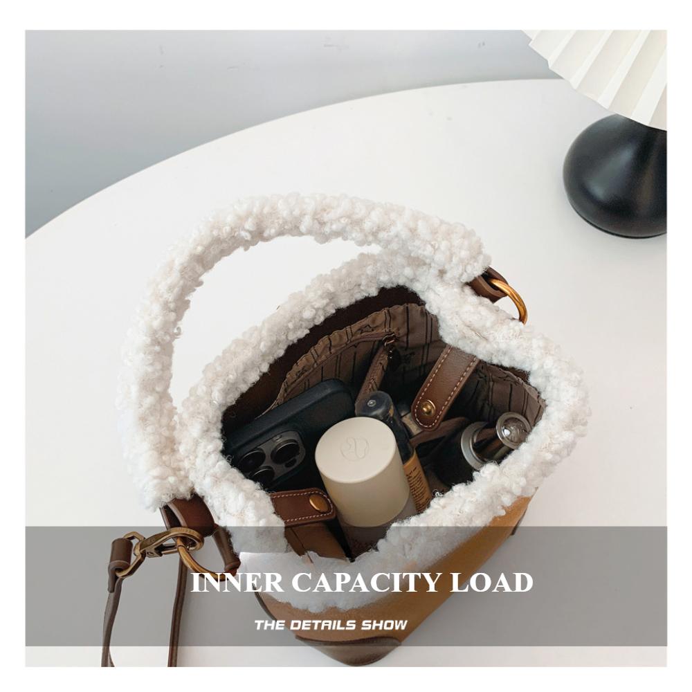 Light Luxury Fashion Women's Shoulder Bags High Quality PU Bag Body Plush Handle Ladies Messenger Bag Casual Retro Female Bucket Bag Mother's Day Gift