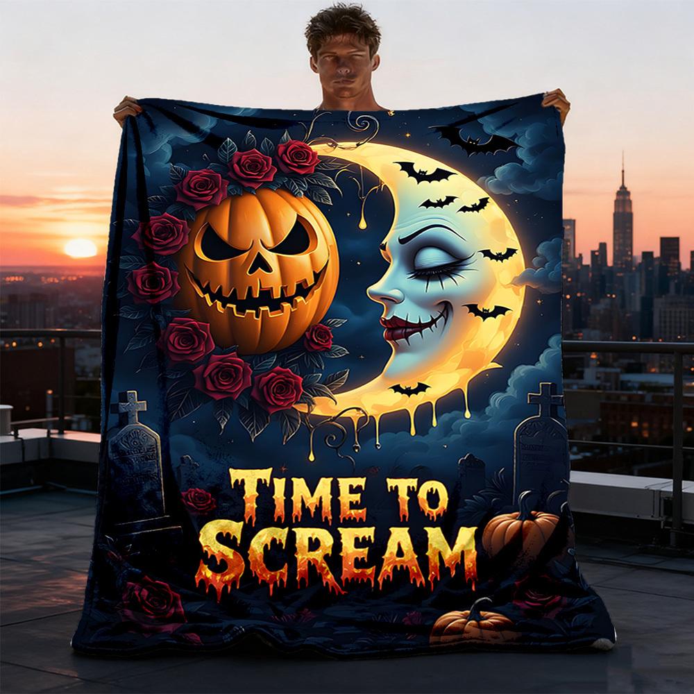 1pc Jack O  Lantern Throw Blanket Polyester Fiber, Lightweight Flannel, Soft & Warm, All Season Use for Outdoor, Camping Digital Print 75X95CM