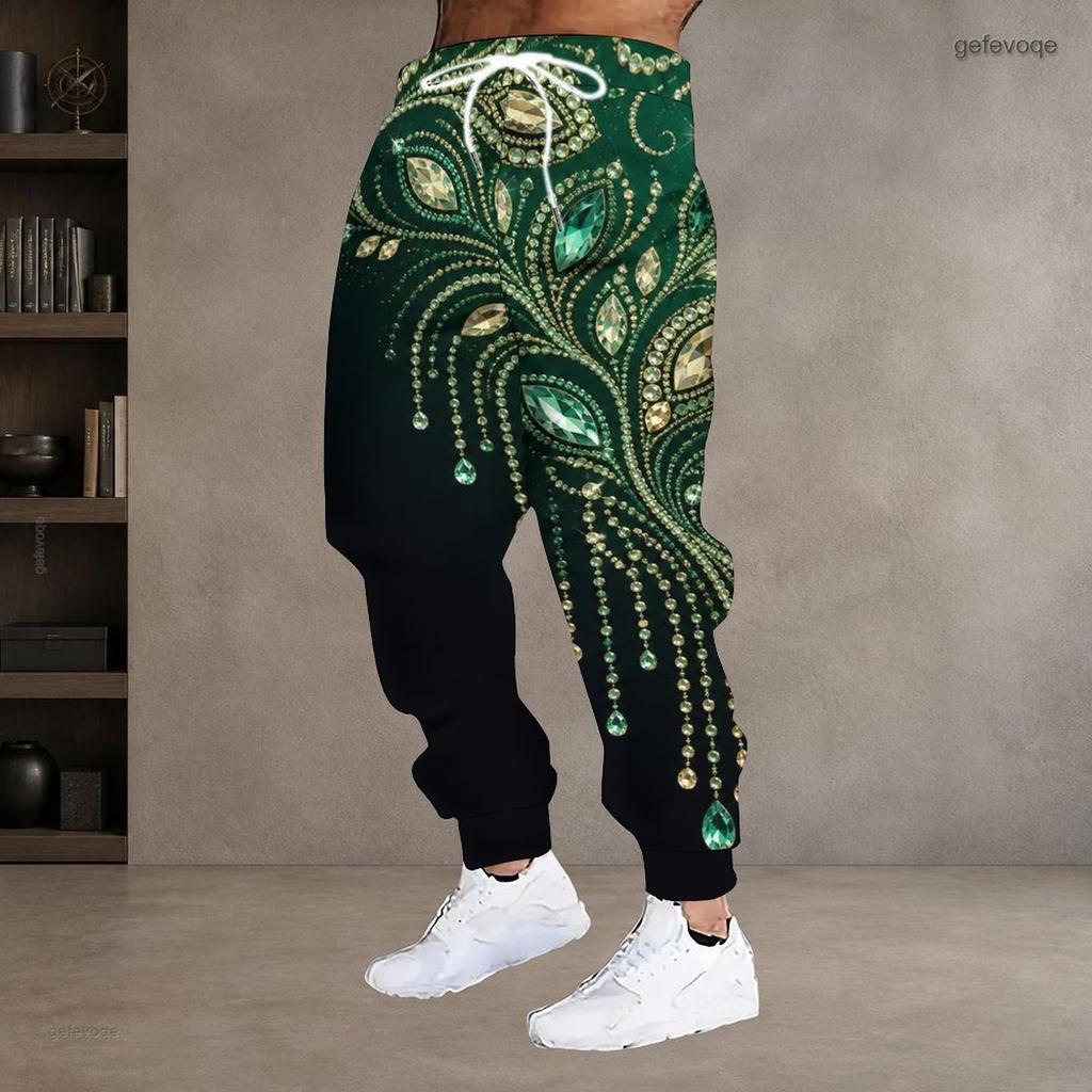 Men S Plus Size Geometric Printed Jogger Pants Black Gold Silver Drawstring Waist Side Pockets Cuffed Ankle