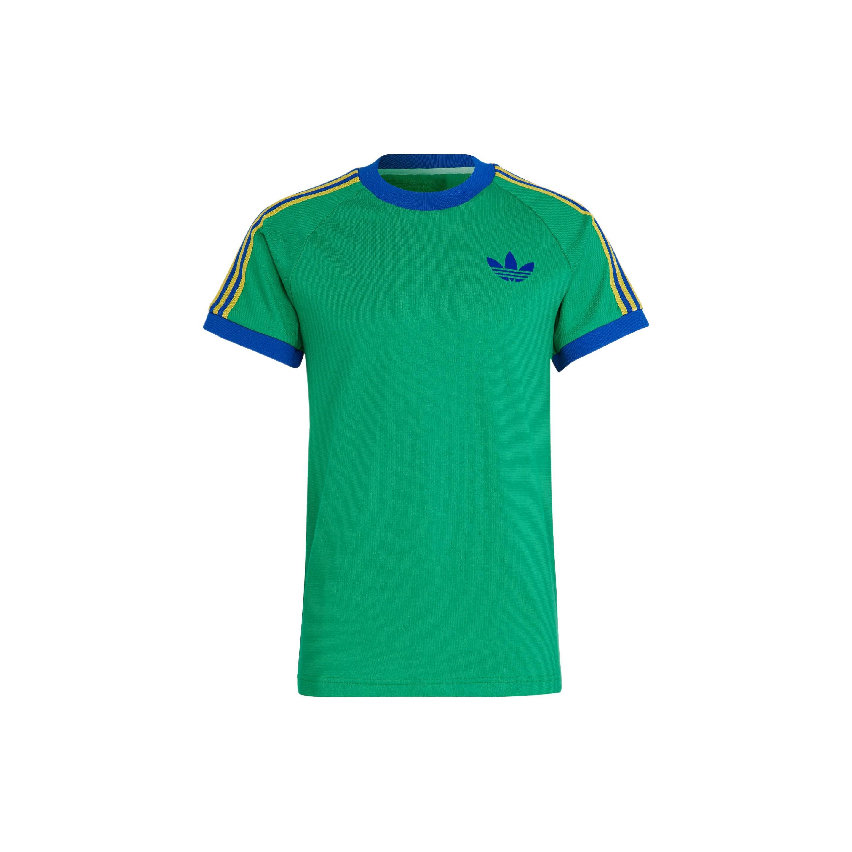 Men s adidas originals Cali Tee Pattern Stripe Printing Ribbed Round Neck Short Sleeve Green T-Shirt IB3423 S