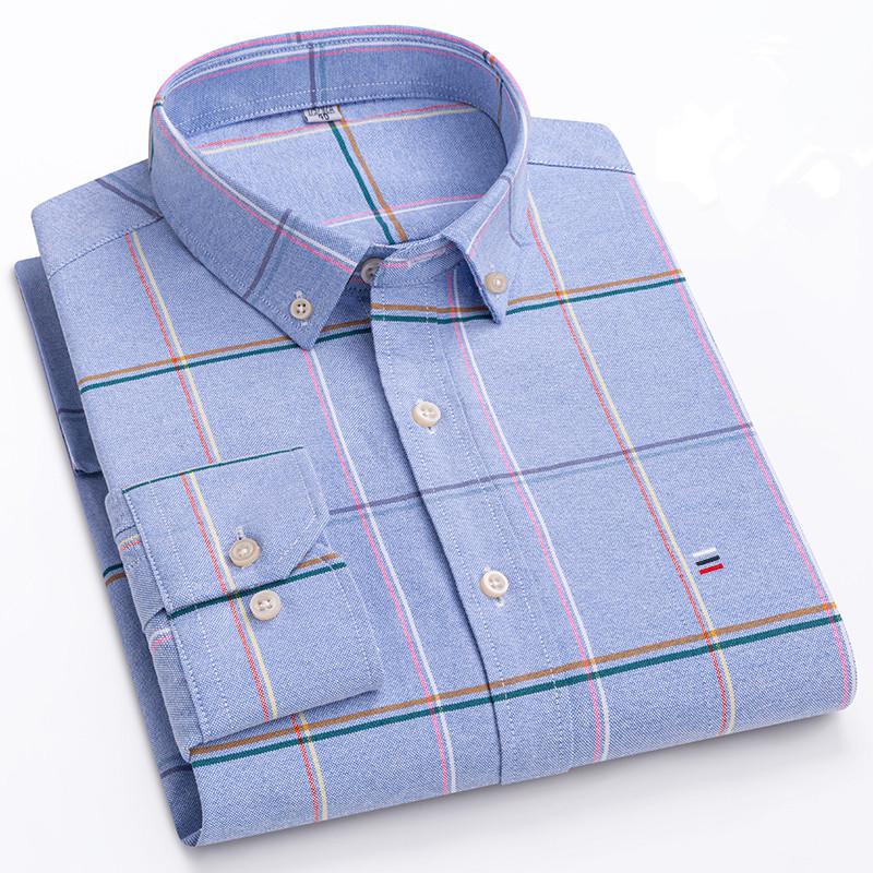 Men's 100% Cotton Shirt Long Sleeve Plaid Oxford Casual Solid Color Print Regular Fit Formal Dress Shirt Oversized 7XL  6XL 5XL