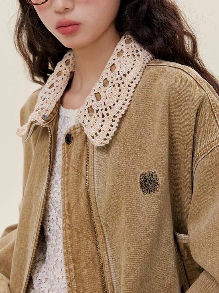 In Stock: Romantic Lace Denim Jacket with Detachable Knit Collar and Bud Hem - Girlish Style for Autumn