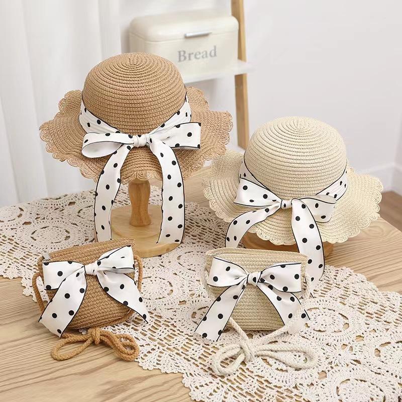 Summer children's straw hat wavy lace straw hat bag two-piece set foreign style cute flower sunscreen sun hat