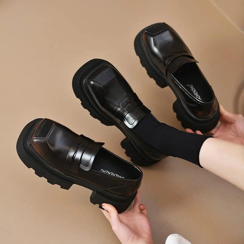 Oxford Shoes for Women High Heels Patent Leather Chunky Platform Shoes Woman Loafers Slip On Black Jk Uniform Mary Janes Shoes