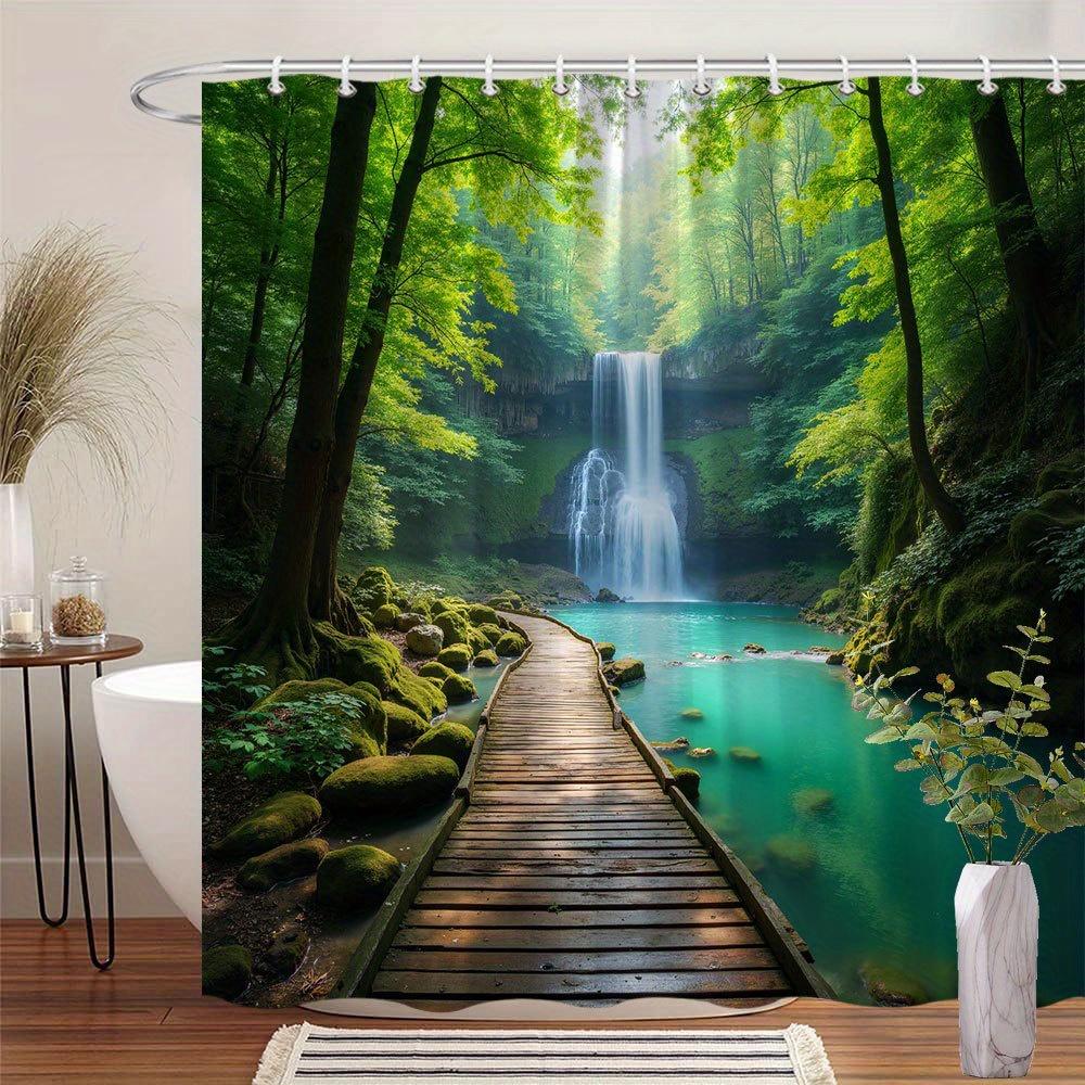 Transform Your Bathroom with this Waterproof Shower Curtain Featuring a Serene Forest Waterfall for Relaxation