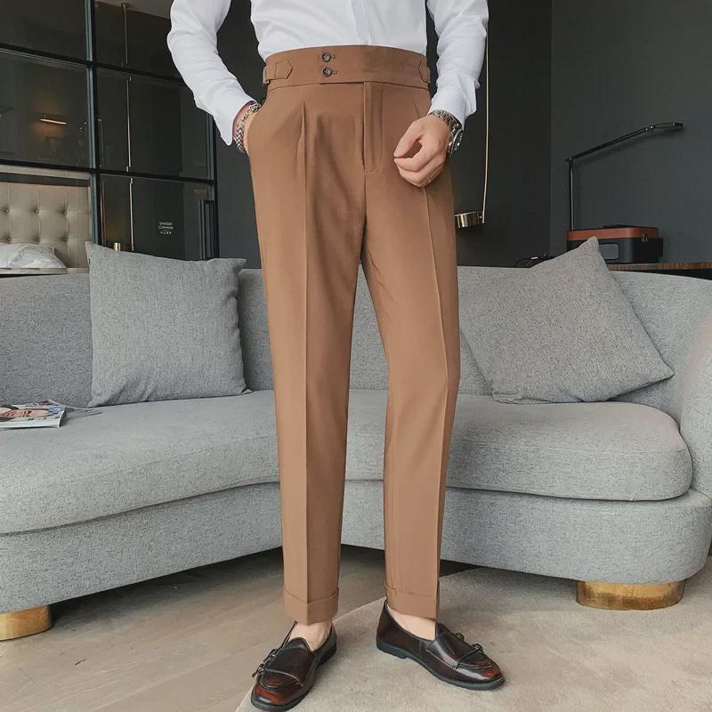 Men's Brown Slim Fit High-Waist Trousers - Naples Collection (Nine-Point, Straight Drape, Business Casual)