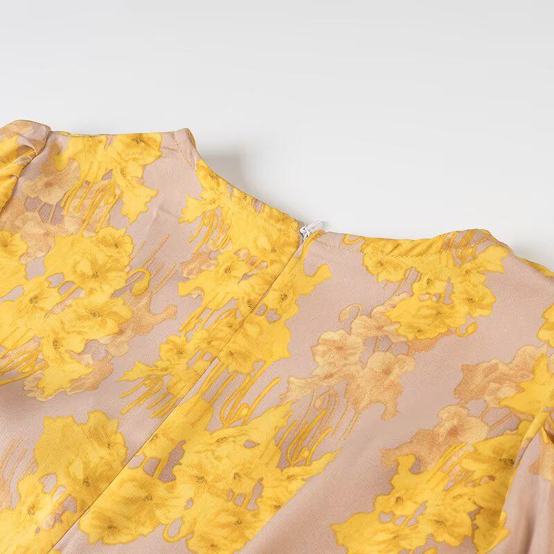 2025 Spring Women's Fashion Floral V-Neck Waist-Cinching Long-Sleeve Dress