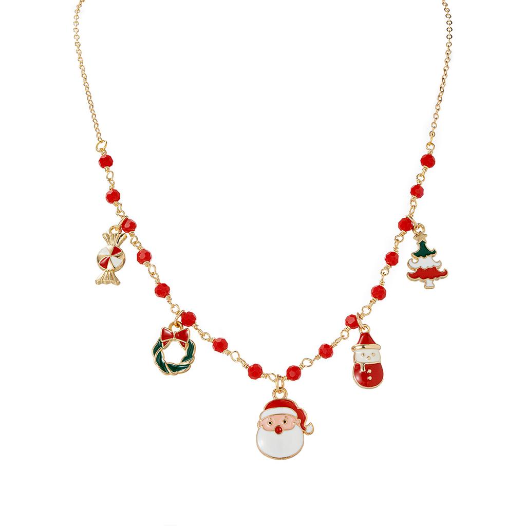 1 Christmas Cute Snowman Christmas Tree Gift Flower Knot Pendant Red Beaded Necklace Suitable for Holiday Celebrations