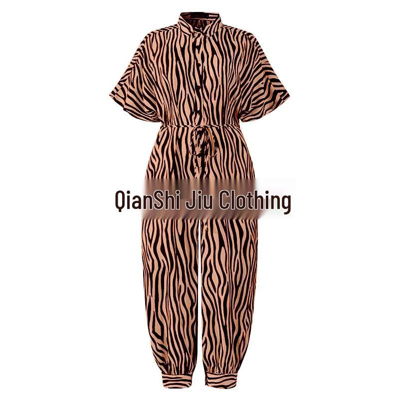 Retro Leopard Print Plus Size Jumpsuit for Women - Short Sleeve, Button-Up, Casual Loose Fit (2020 European Design)