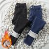 Damen Schwarze Fleece-gefütterte Extra lange High Waist Skinny Jeans, Frühling/Herbst 2023 Slim Fit.