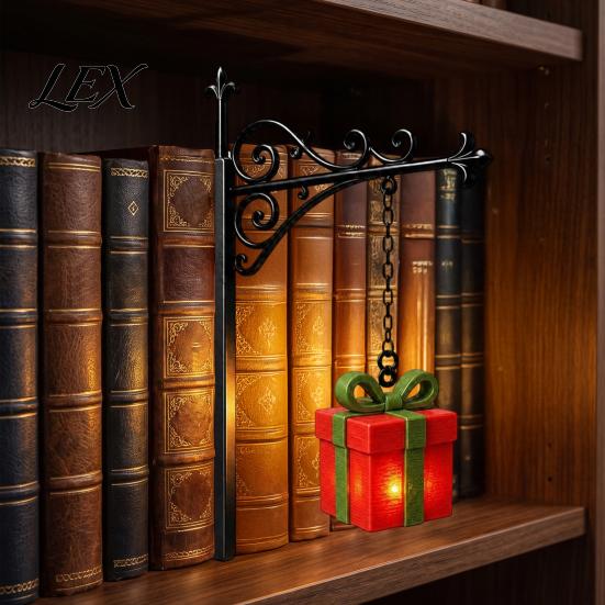 Battery Operated Bookshelf Lamp Christmas Lamp, Nook Light with Warm LED Nightlight, 3D Printed Shade, Cordless Book Vintage Hidden Metal Base,