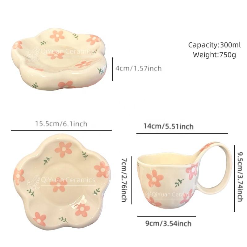 2025 New Collection Ceramic Mug Hand-Painted Flower Strawberry Design Cute Irregular Ceramic Coffee Cup with Large Handle