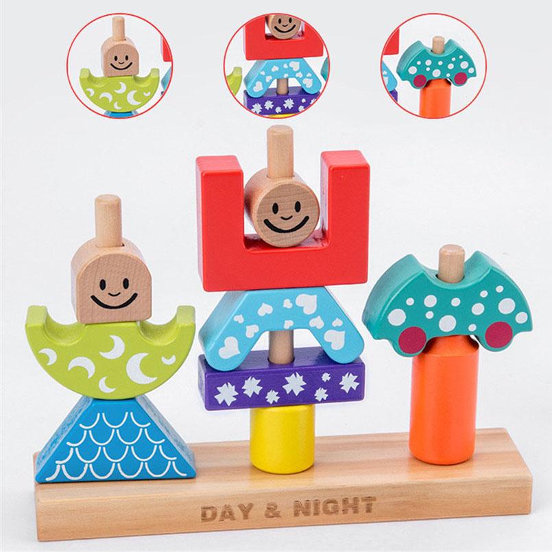 Montessori Day & Night Pillar Blocks Creative Early Educational Wooden Toys Parent-child Interaction Games Shape Building Block
