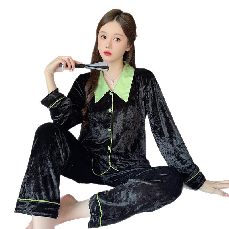 Women's French Luxury Pajama Set: Gold Velvet Long-Sleeved Top & Pants for Autumn/Winter