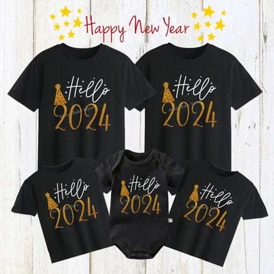 Camisetas de Mujer Divertidas Hola 2024 Conjuntos a Juego Familia Algodón Madre Padre e Hija Hijo Camiseta Pelele de Bebé Look Familiar Ropa de Año Nuevo