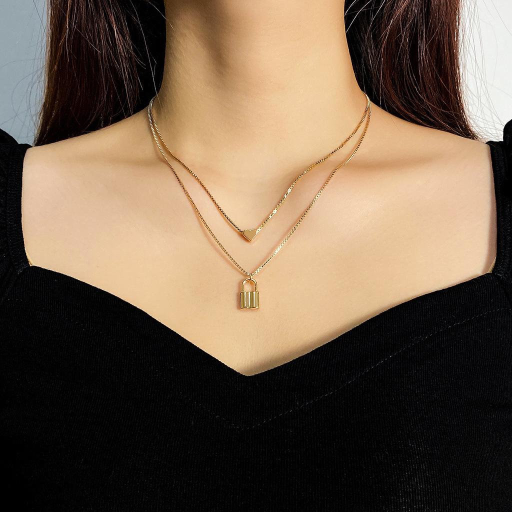 Ladies Titanium Steel Lock Two Layer Love Heart Pendant Necklace Jewelry
