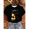 Womens Cute Kitten Duckling Graphic Tee Soft Black Pet Lover Print Short Sleeve Casual Top Spring Fall Everyday Wear Machine Washable