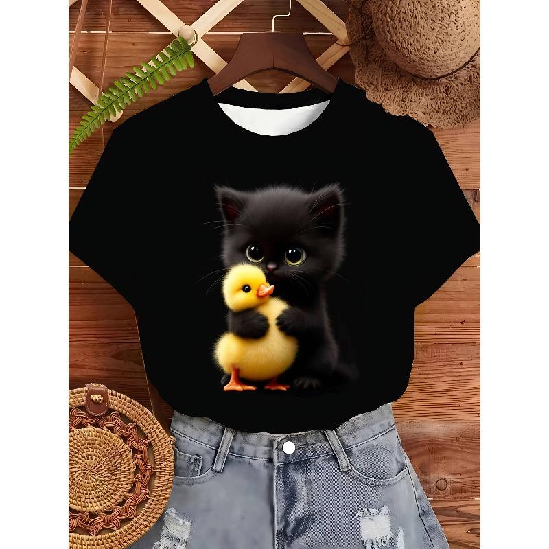 Womens Cute Kitten Duckling Graphic Tee Soft Black Pet Lover Print Short Sleeve Casual Top Spring Fall Everyday Wear Machine Washable