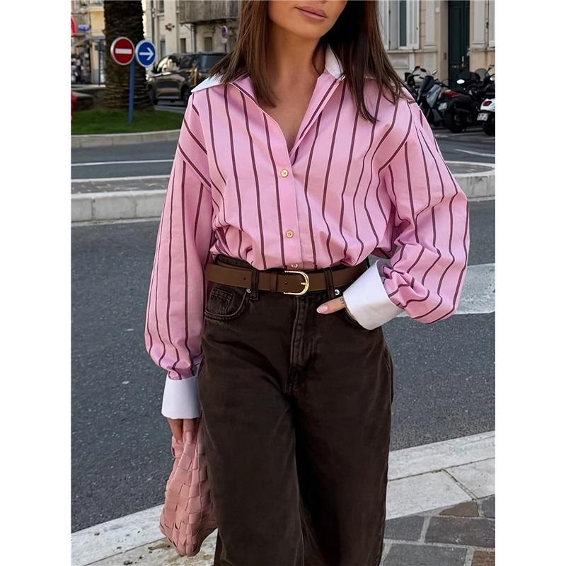 Women Vintage Striped Shirt Turn Down Collar Contrast Cuff Long Sleeve Loose V Neck Blouse Top