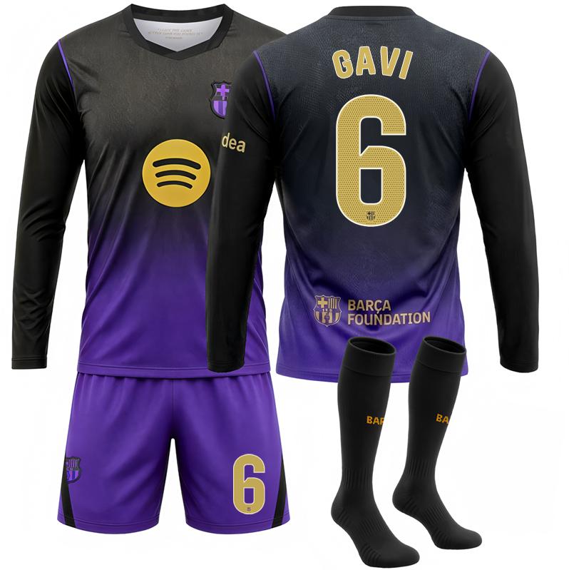 2627 Rodri New Jersey – FC Barcelona Away Long-Sleeve Soccer Shirt (Black/Purple) – No. 10 Lamine Yamal / Messi