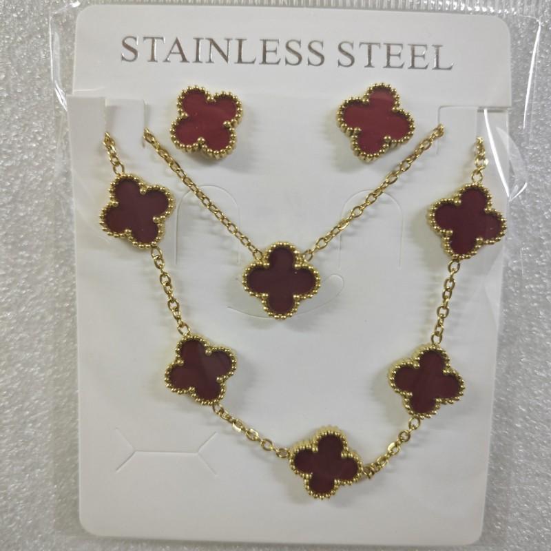 13mm Clover Pendant Necklace Bracelet Earring Set 18K Gold Plated Stainless Steel Jewelry Women Men
