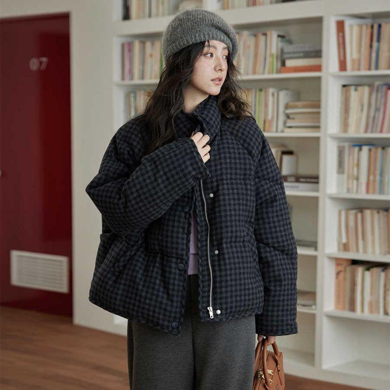 Korean Style Short Plaid Cotton Jacket - Women's Trendy Spring Outerwear
