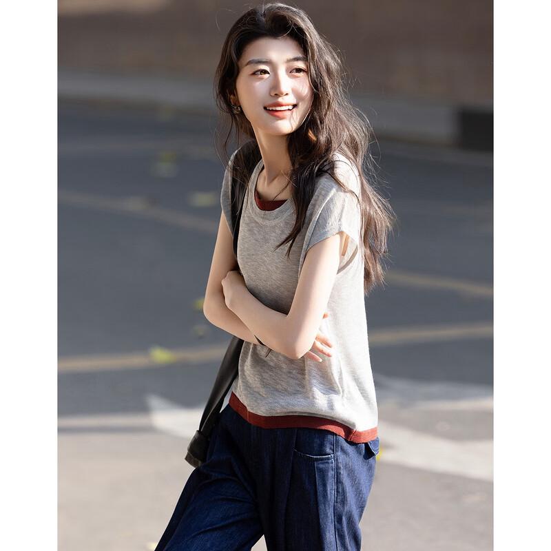 Demana Women's Summer Color Block Knit Short Sleeve Top