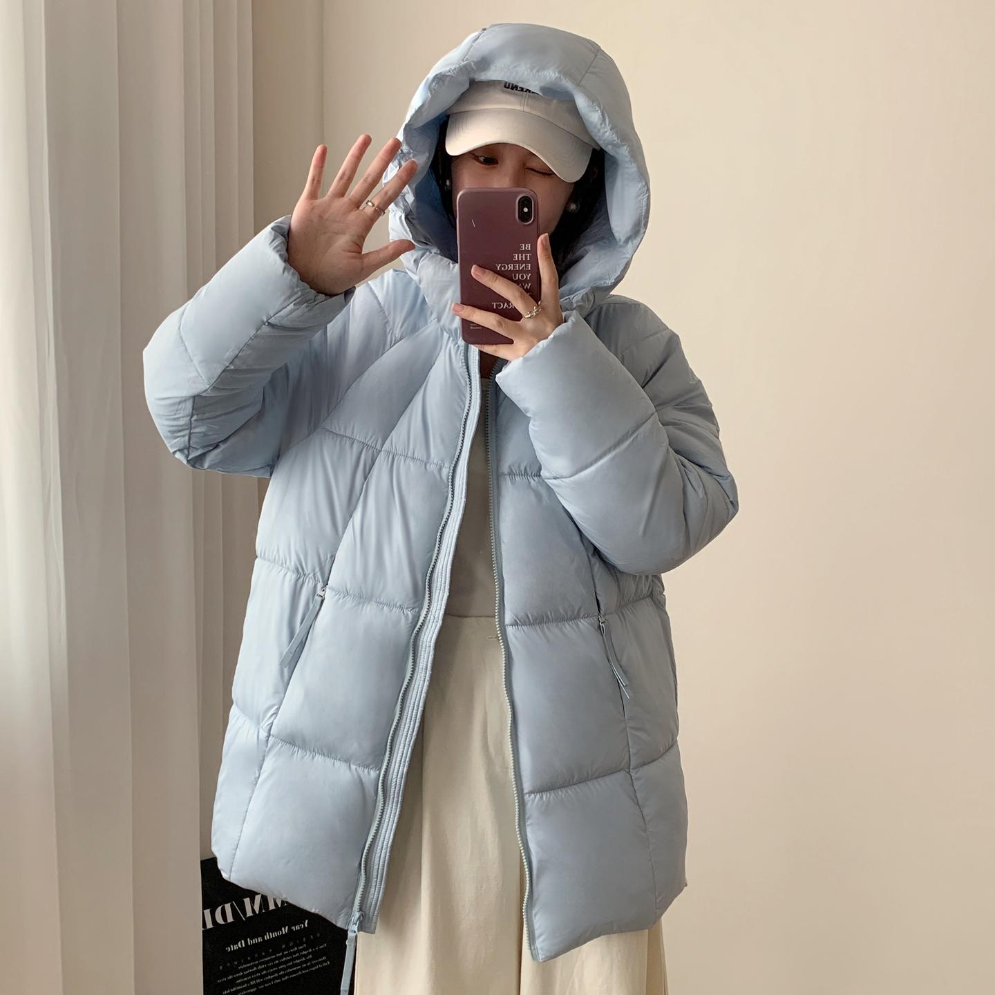 

Осінь-зима Потовщена тепла парка Жіноча повсякденна суцільна одноколірна куртка з великою кишенею з капюшоном Верхній одяг M синій