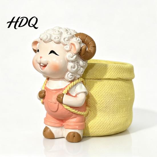 Desk Decorative Ornament Cute Lamb Planter, Cartoon Sheep Carring Bag Plant Pot, Lovely Shaped Decor Small Resin Flower Pot for Succulents,