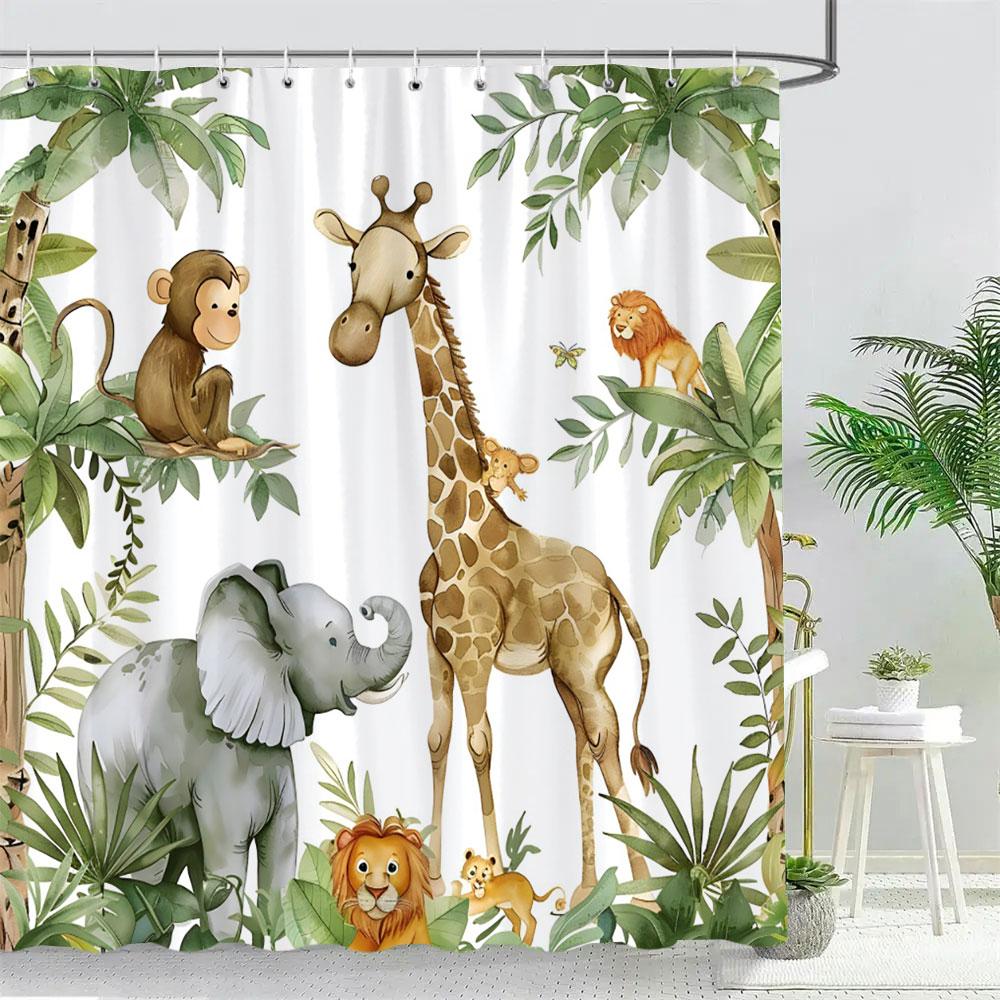 

Забавная шторка для душа с лесными животными Слон Жираф Обезьяна Попугай Акварельное искусство Креативные печатные шторки для ванны Декор для ванной 200x180cm