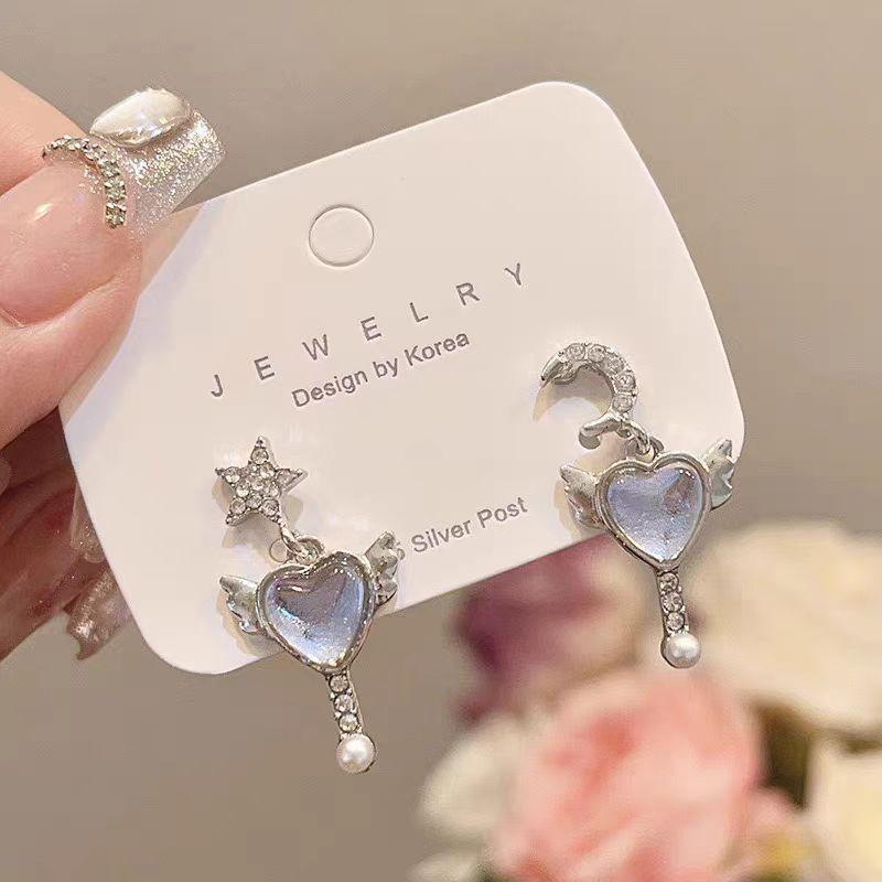 Symphony Love Angel Wings Earrings Star Moon Asymmetry Water Temperament Niche Design High-End Earrings