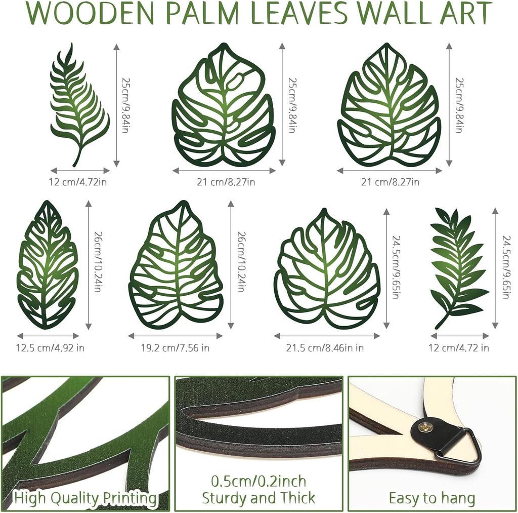 7pcs DIY Wooden Palm Leaves Wall Art Vintage Green Leaf Plant Decor Hanging Accents for Home Bathroom Office